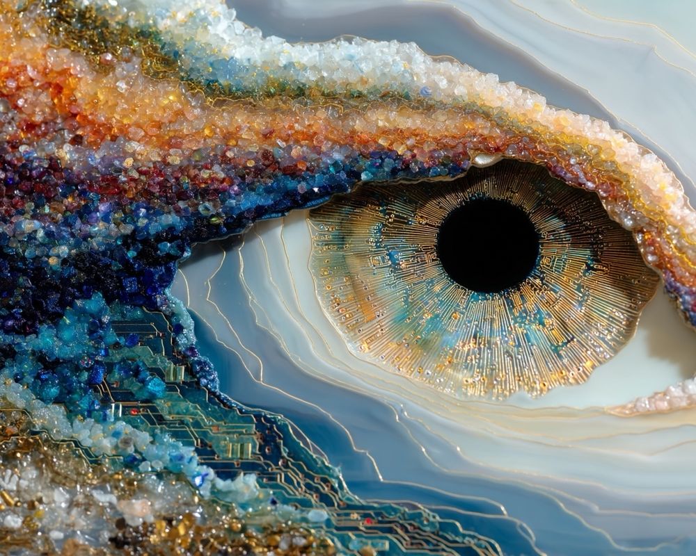 Abstract image of a human eye composed of coloured glass and gold circuits