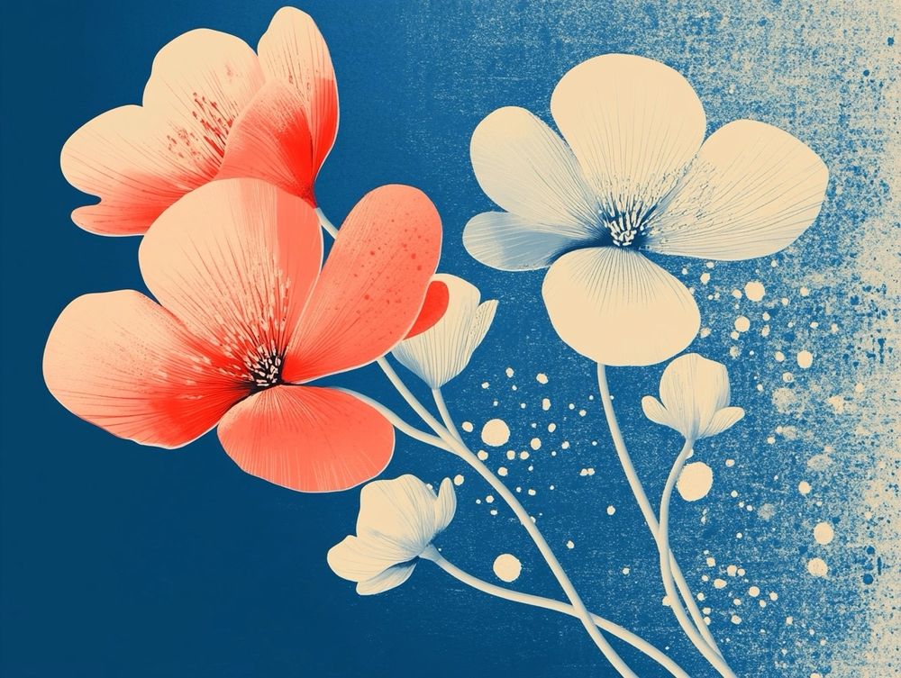 Illustration of delicate red and white flowers against a denim blue background 