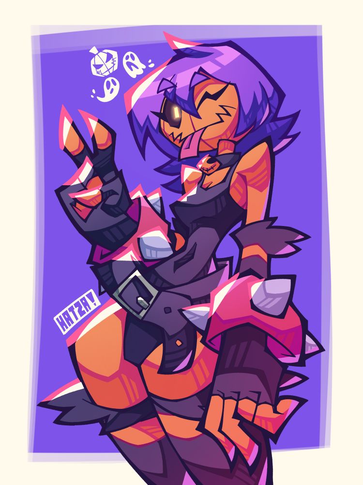 Picture of my awesome pumpkin girl oc Jacky Lantern sans her comically large witch hat doing a peace sign and silly expression