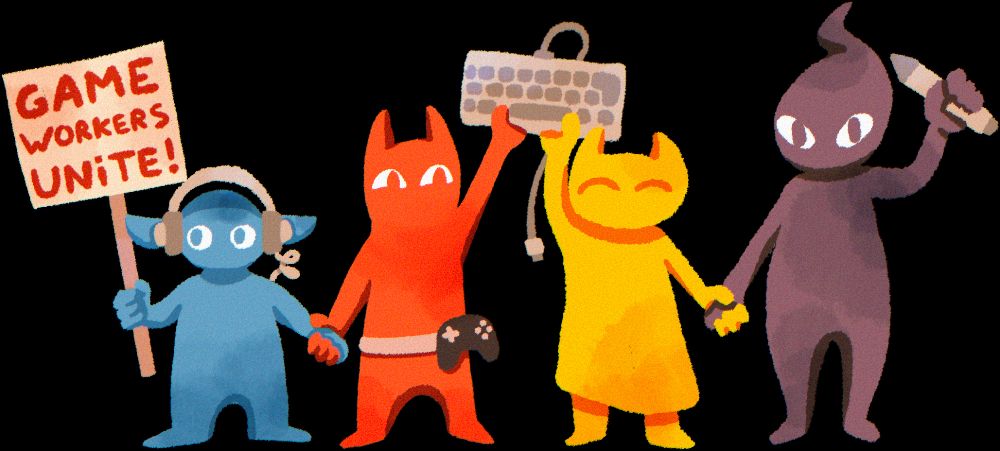 Four cartoon figures hold signs and objects related to videogame development, promoting unity among game workers.