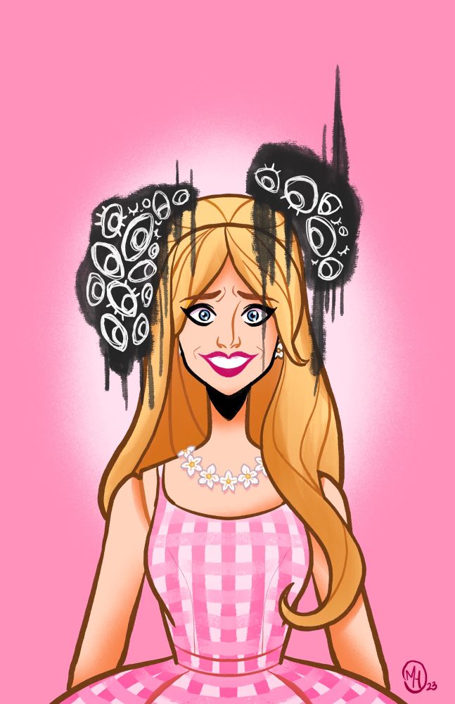 A drawing of Barbie in her gingham pink dress, smiling nervously white sketchy white eyes against black dripping blobs hover ominously around her head.