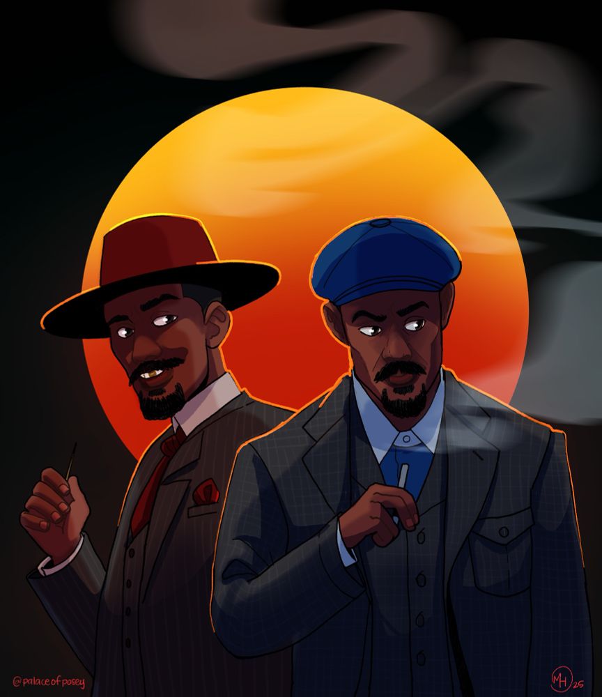Illustration of the twins Stack (left, in red) and Smoke (right, in blue) from the movie Sinners.