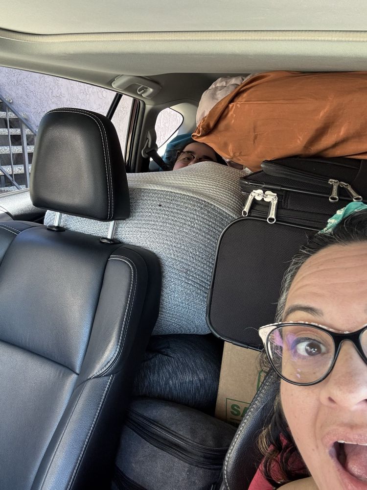 a person in the backseat of a car surrounded by luggage and boxes