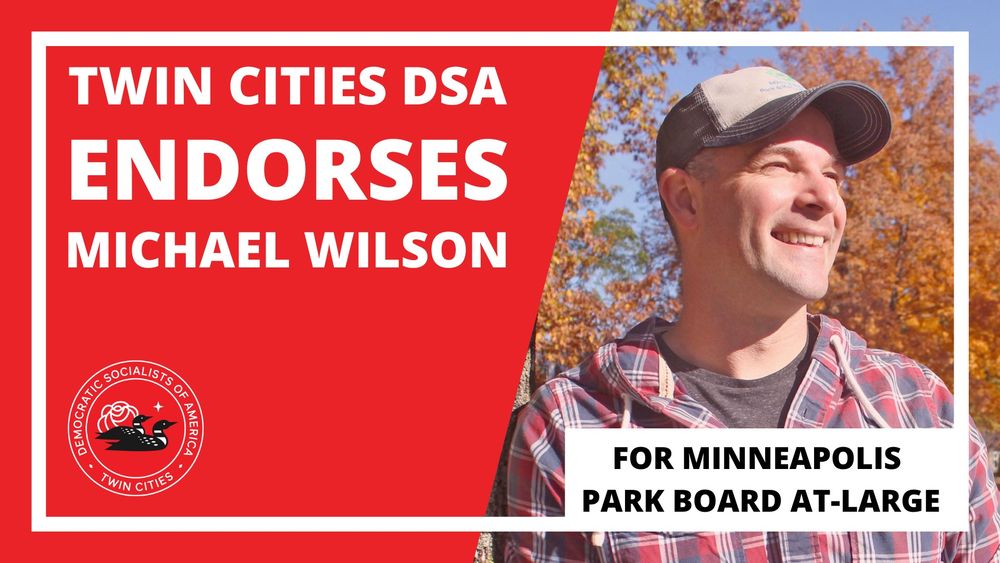 Red background with a picture of Michael Wilson announcing TCDSA endorsement for Minneapolis Park Board At-Large