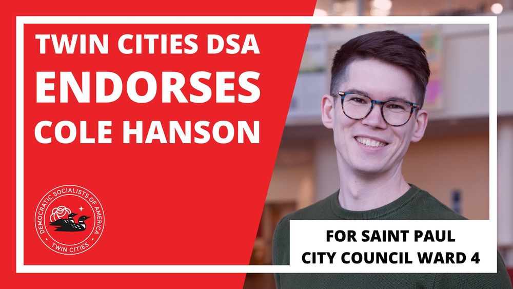 Red background with a picture of Cole Hanson announcing TCDSA endorsement for Saint Paul City Council Ward 4