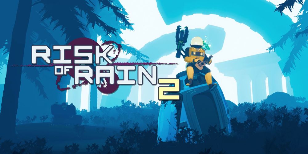 Risk of Rain 2 poster depicting Commando sitting on an escape pod just to the right of the logo. The setting is the Titanic Plains map featuring large stone arcs, a distant bridge, a chest in the midground, and trees framing the image on the left and right.