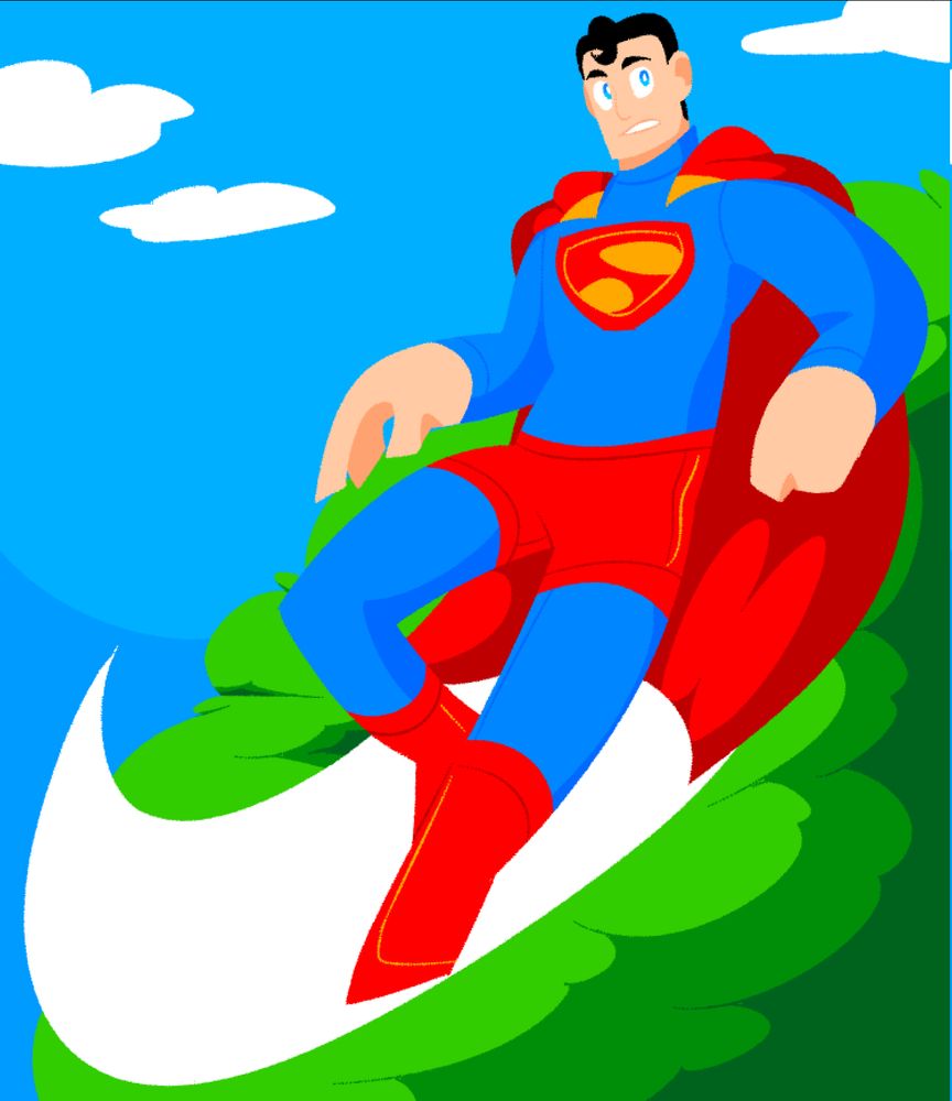 Superman flying. He passes near a tree.