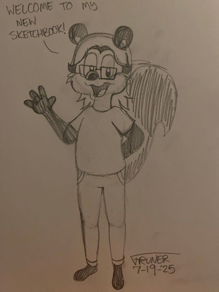Me as a skunk saying, “Welcome to my new sketchbook!”