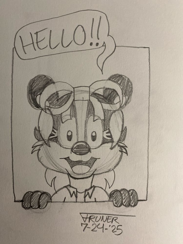 A pencil sketch of Hyacinth the skunk saying, “Hello!!”