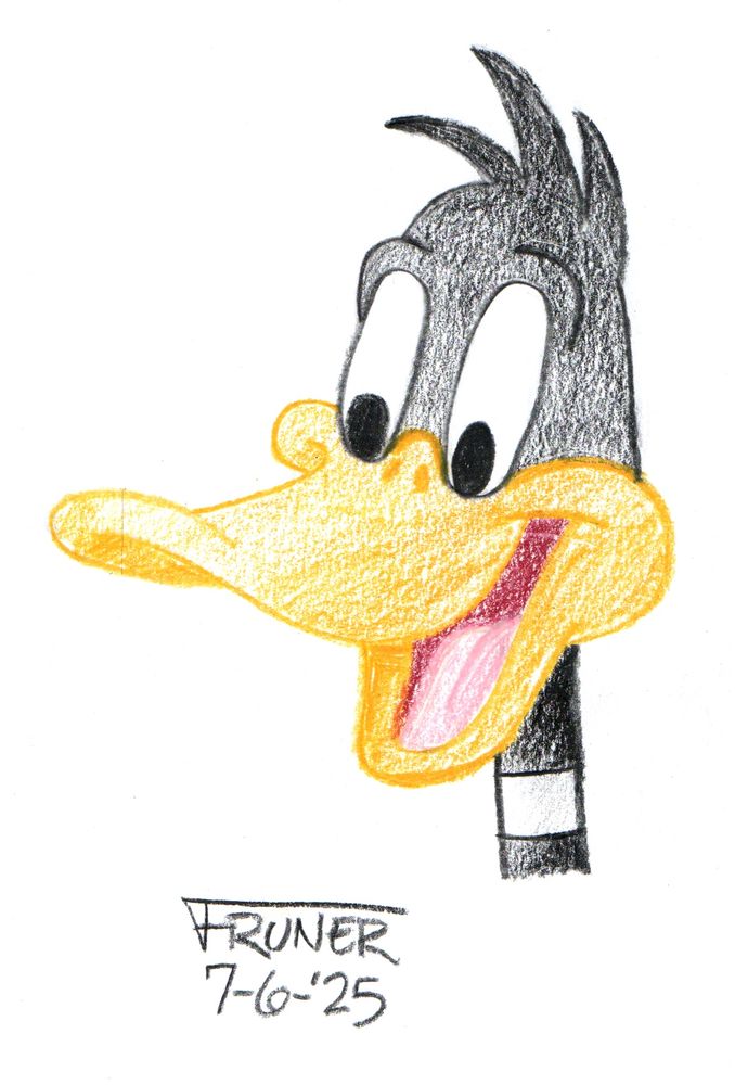 A drawing of Daffy Duck with colored pencils.