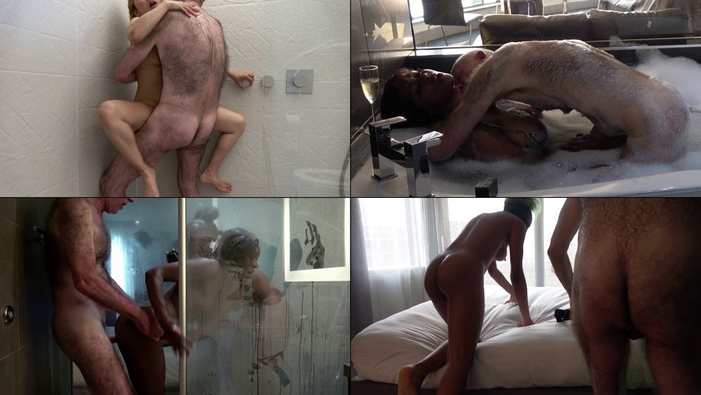 A composite of four images from LCS movies depicting bathroom sex. Image  1 (top left) a man and a woman (Naz) are having sex, naked in the shower. He has lifted her off the ground, supporting her butt with his right hand, and with his left around her back. He is standing between her widely spread thighs, and fucking her in the carry position. She is holding on to him with her right arm around his shoulder and neck. Her head is tilted back, and her mouth wide open in a gasp of pleasure. From the LCS movie HOT, WET AND WILD. Image 2 (top right) A man and a woman (Monet Winter) are hving sex in a jacuzzi. She is wearing a bikini top lying on her back her head resting on the rim of the bath. He is naked and crouched over her, nuzzling her neck with his lips. She is grasping his erect penis in her right hand, and guiding it towards her pussy. From the LCS movie SLIPPERY WHEN WET. Image 3 (bottom right) A man and a young woman (Elodie) are pictured returning to the bedroom after having had sex in the shower. They are both naked, and pictured from behind, their bodies still glistening and wet. She is clambering up onto the bed, ready to continue the action. From the LCS movie STARCHED LINEN SHEETS. Image 4 (bottom left) a man and two women (Cool Girl and Twinkle T) are having sex in the showerthey are all naked and standing up. He is fucking Cool Girl from behind. She is bending forward, bracing herself against the transparent shower screen. He is holding her hips with both hands and his erect penis can be seen wedged in her pussy. Twinkle T is also in the shower, standing behind both of them, and filming his cock in Cool Girl's, close up, with a go pro hand held camera. From the LCS movie THE SURPRISE