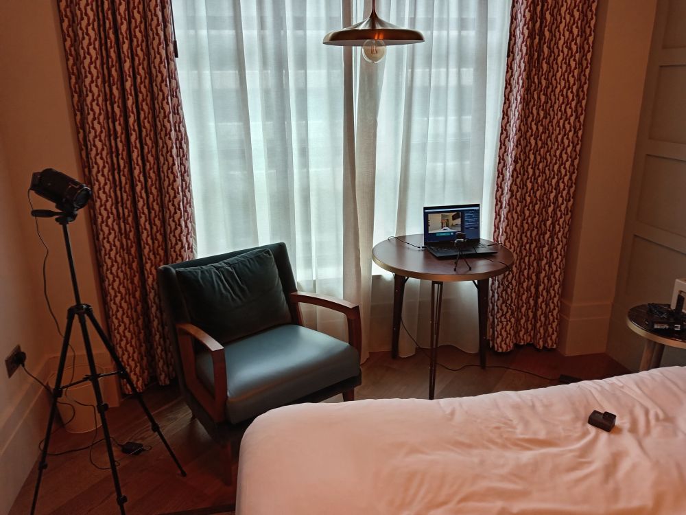 The LCS set is prepared and ready for action. The naked videographer is being tracked by the 4k webcam on the table attached to the computer monitor. A Sony 4k cam is also pointing at the bed. The gopro hand held HD is on the bed ready for use. The 4th HD cam is on the bedside table waiting to be set up. By the bedside, the comfy blue 'fucking chair' is also going to feature. 