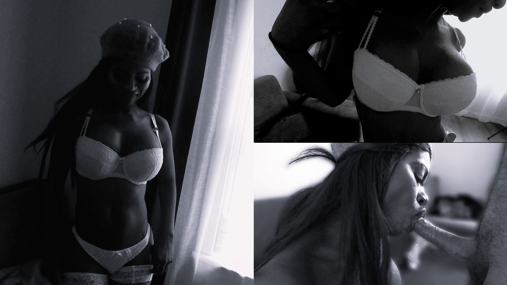 A composite of three images from the start of the LCS movie ROXY'S PUSSYLICIOUS CASTING, All have been converted to moody monochrome from the original colour. On the left 25 yo Roxy is posing in white lingerie, partly in shade and lit by soft light from a window to her left (image 1 left). In image 2 (top right) her videographer approaches her with a hand held go pro camera to capture a close up shot of her face and torso. She is brushng her hair away from her right shoulder and trns her head to the left, reacting to his hand caressing her belly and right hip. In image 3 (bottom right), she is seated on the couch, naked. She has taken her videographer's erect penis into her mouth. The shaft glistens with her saliva, and she purses her lips around its tip. He has captured this image, close up, from their left, with a hand held go pro camera