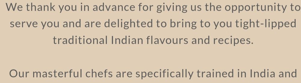 Screenshot of restaurant website promoting its 'tight-lipped traditional Indian flavours and recipes'