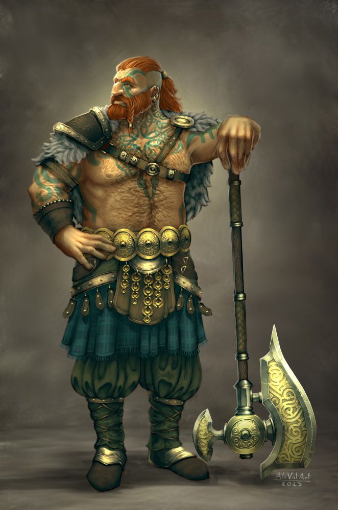 A celtic warrior. He has one hand on his hip and his other arm resting on the lower end of a golden battle axe that's upside down. He's not wearing anything on his chest but a harness, showing blue tribal-tatoos.