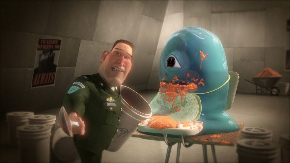 A frame from the animated short film Night of the Living Carrots based on the DreamWorks Animation film Monsters vs. Aliens.