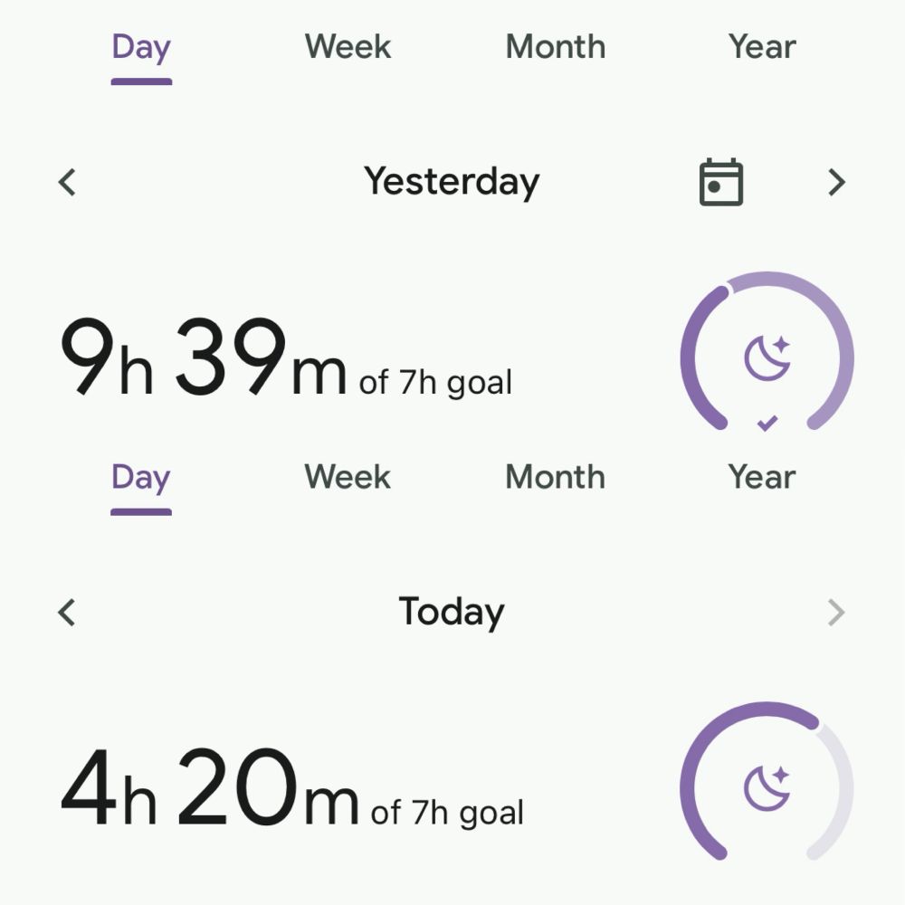 Compiled screenshots from the Fitbit app, showing that yesterday I slept nine hours thirty-nine minutes and last night I slept four hours twenty minutes