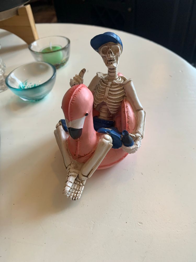A skeleton wearing shorts and a baseball cap, giving a thumbs up and holding a bottle of either beer or soda, sitting in an inflatable flamingo pool float.