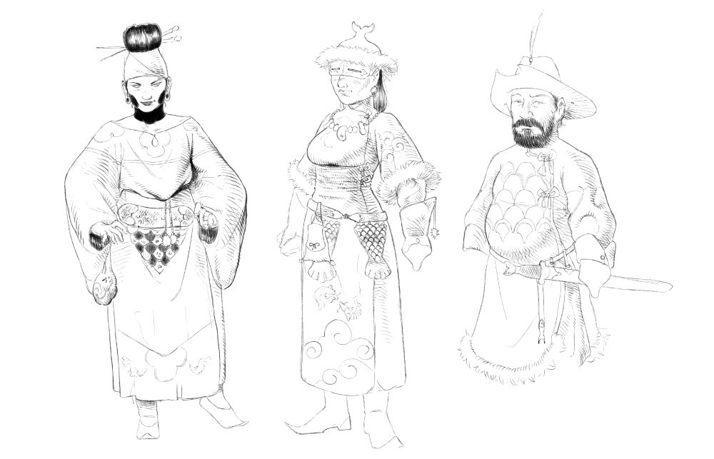 a Diagram showing 3 people, 2 women on the left, a man on the right. The woman to the very left wears her hair up in a bun, with two fish-bones used as pins. She wears a long, flowy gown, slippers, and a belt decorated with a curtain of checker-patterned fish scales. 

The second woman— the one in the center —wears a heavy coat that's lined with fur. She also wears a fur-lined cap with a decorative whale-tail at the top. She wears a similar belt, adorned by multiple cuirtains of fish-scale, with decorative tail-fins made from leather. Her sleeves and the tail of her coat are adorned in flowy, cloud-like patterns. Additionally, she wears a pair of goggles made from bone, with thin, verticle slits for the eyes to see through.

The third figure— the man —wears a similar coat with longer sleeves, and a sword at his hip. He has a black beard and stach, and a wide-brimmed leather hat with a decorative feather.