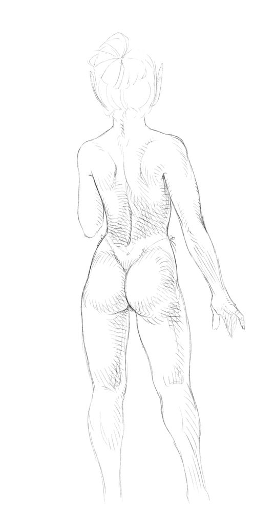 Line-art of a woman's backside. She is wearing the thinest thing.