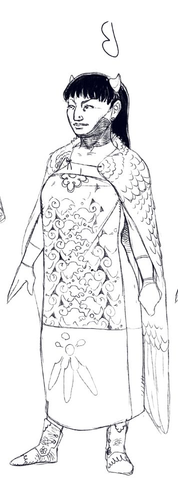 A Shar-hin woman, (Unfeathered). She wears a sirwhal with a tesolated pattern of horned chameleon like lizards. She also dons small decorative horns in her hair, leather boots and a feathered cloak.