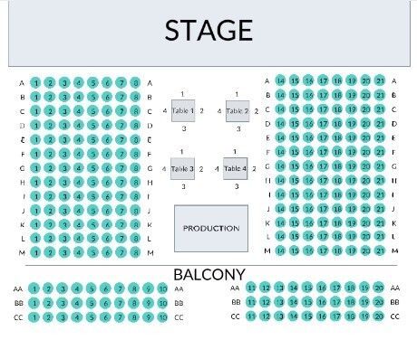 A simplified map of the stage and seating areas of the Aeolian Hall. The stage is toward the top of the image with a section of single seats to the left and right sides and four cabaret-style tables in the centre. Behind these cabaret tables is the production booth. The bottom 1/4 of the image depicts the balcony seating.