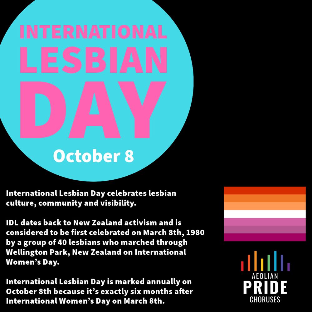 An info graphic on a black background with the sunset lesbian pride flag and Aeolian Pride Choruses logo on the right. The title is written in pink and white inside of a light blue circle: "INTERNATIONAL LESBIAN DAY October 8." Below in white is the following text: International Lesbian Day celebrates lesbian culture, community and visibility. IDL dates back to New Zealand activism and is considered to be first celebrated on March 8th, 1980 by a group of 40 lesbians who marched through Wellington Park, New Zealand on International Women's Day. International lesbian Day is marked annually on October 8th because it's exactly six months after International Women's Day on March 8th.