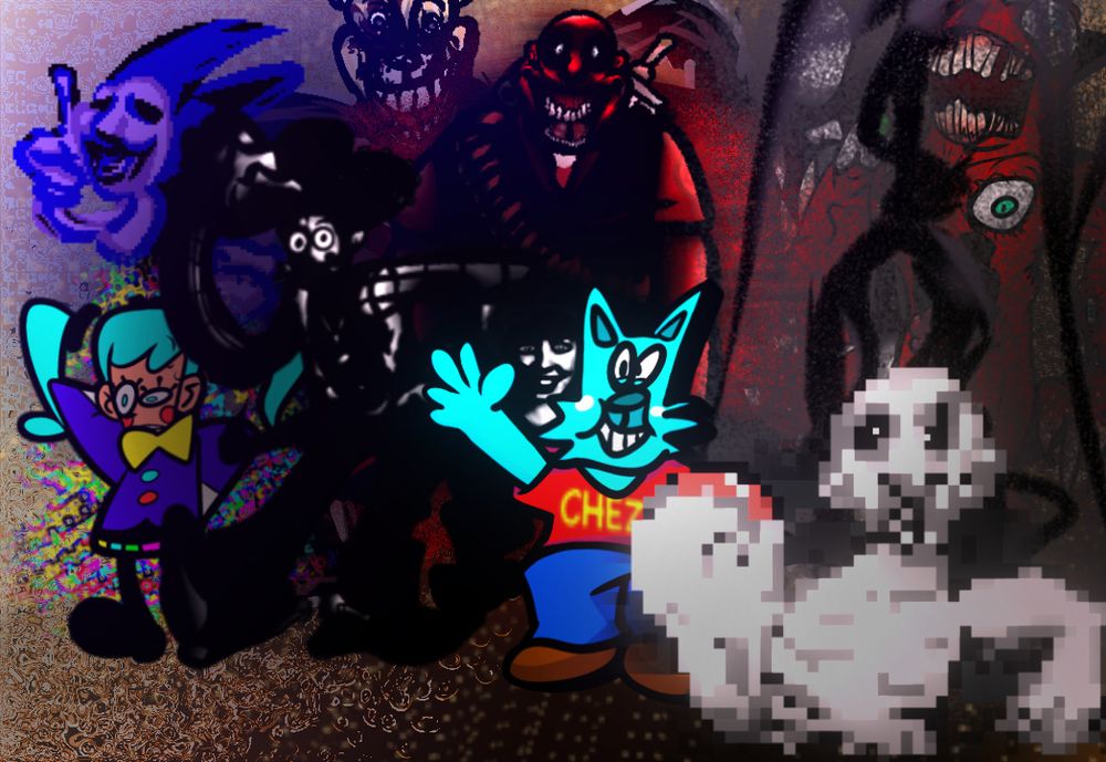 Those Characters names(and origins) here;

Hatsune Miku(Static)
Majin Sonic(Sonic the Hedgehog CD ester egg)
Friend Inside Me(Tobyfox's shitpost)
Buddy(FNAF 1 REMAKE)
HoovyDundy(Hoovydundy Part 1)
Chezzter(ChezzKids Archive)
Buried Alive(Pokepasta)
Entity 0(Backrooms Fan-made Entity)
Slenderman(Urban legend)
Nothing There(Lobotomy Corporation)

For seeing more detail of those characters' appearance, click that link - https://drive.google.com/drive/folders/1eDetBkukxcNnJPVCAf5-WWtNngEXeb1G