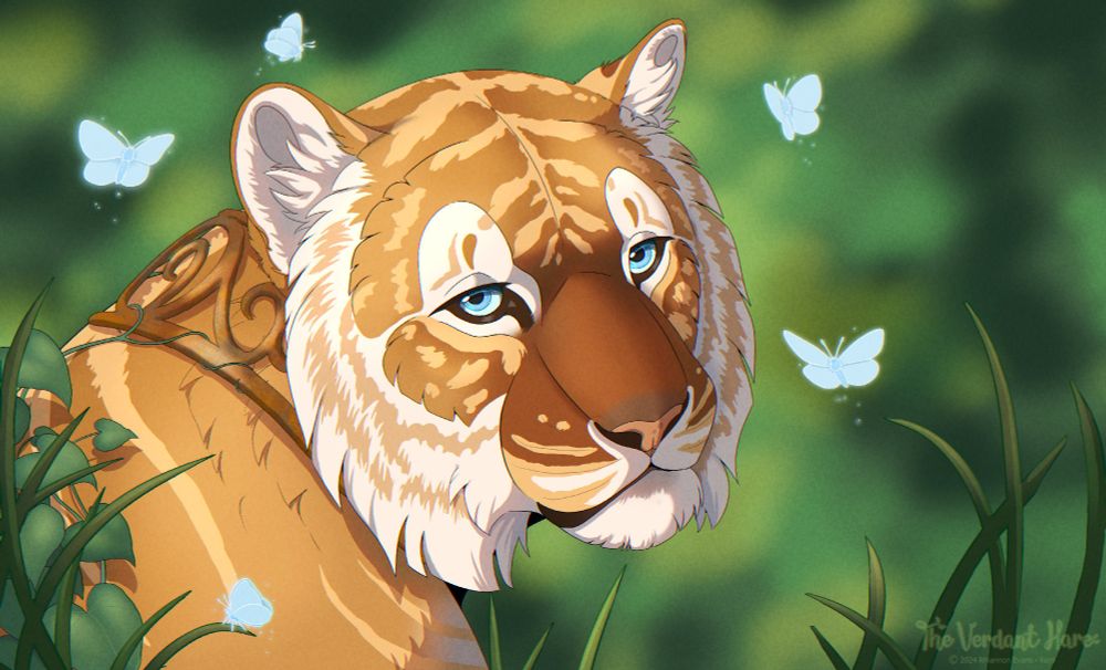 A portrait of a golden tiger with pale stripes wearing a collar. Surrounding them are pale, glowing butterfies.