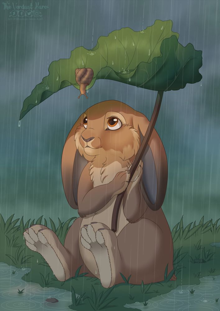 A rabbit sitting in the rain using a large leaf as an umbrella. On top of the leaf is a snail looking down at the rabbit