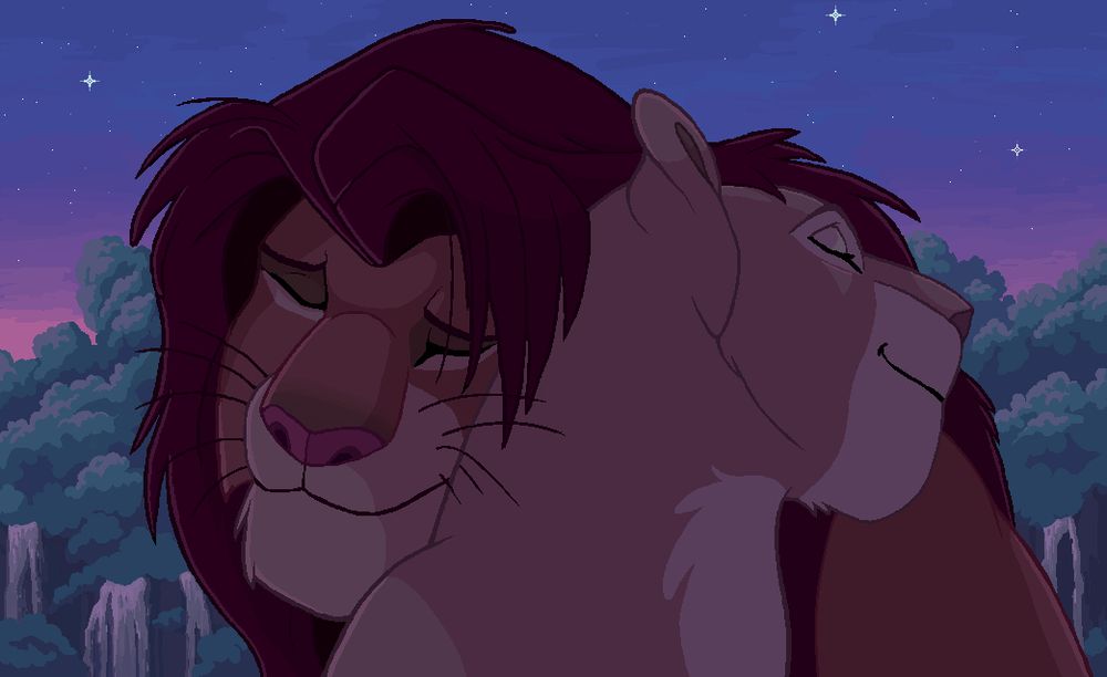 Simba and Nala from the lion king, snuggling in front of jungle waterfalls at nighttime.