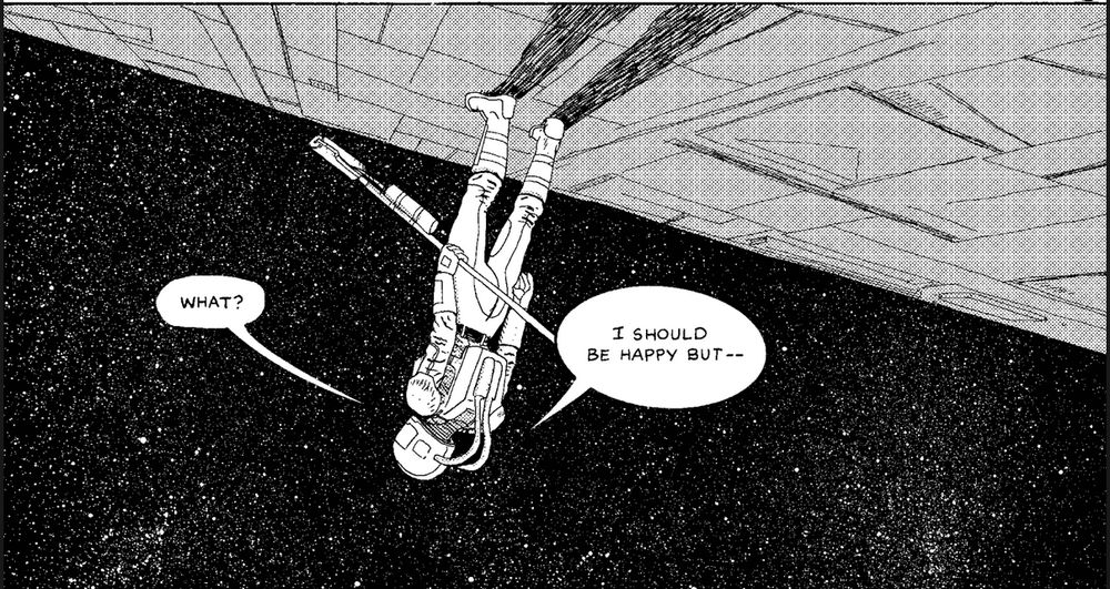 our protagonist is in a spacesuit and is standing on the surface of a spaceship, upside down to the reader, holding a long paint roller, saying "what? I should be happy but--"