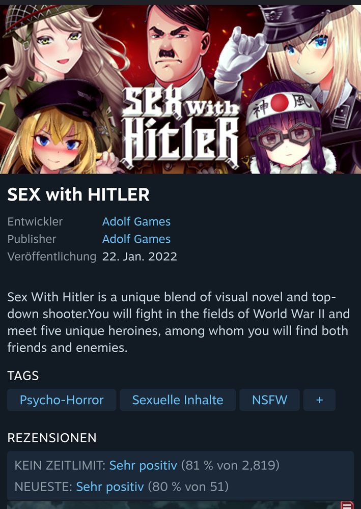 Sex With Hitler is a unique blend of visual novel and top-down shooter.You will fight in the fields of World War II and meet five unique heroines, among whom you will find both friends and enemies.