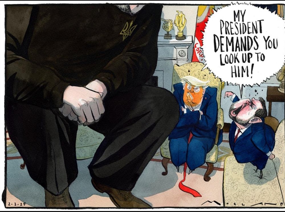 Cartoon of white house trap, Zelenskyy as a giant, while the two dwarf figures of trump and Vance sit at his feet, Vance shouting up: "my president demands you look up to him!"