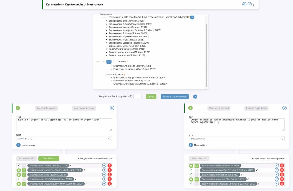 Screenshot of an interface intersecting interactive keys and "traditional" keys.  The user is dynamically breaking down a large list of taxa into a path that leads to individual identification.