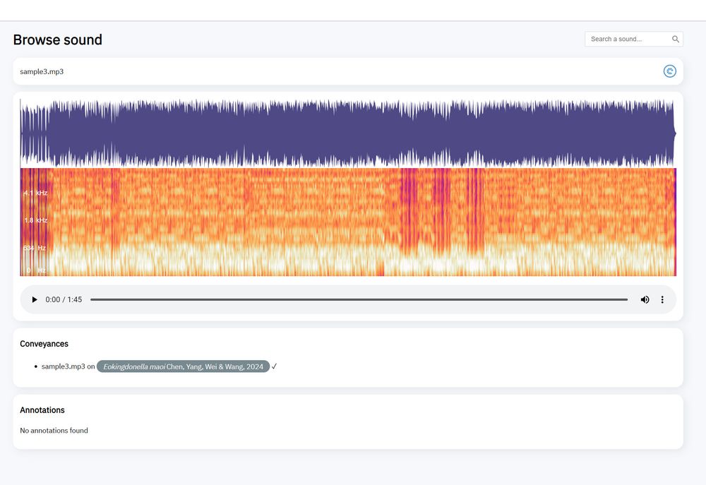 Screenshot of an interface "Browsing" a sound.  Waveform graph, play buttons, metadata on annotations and what the Sound Conveys.