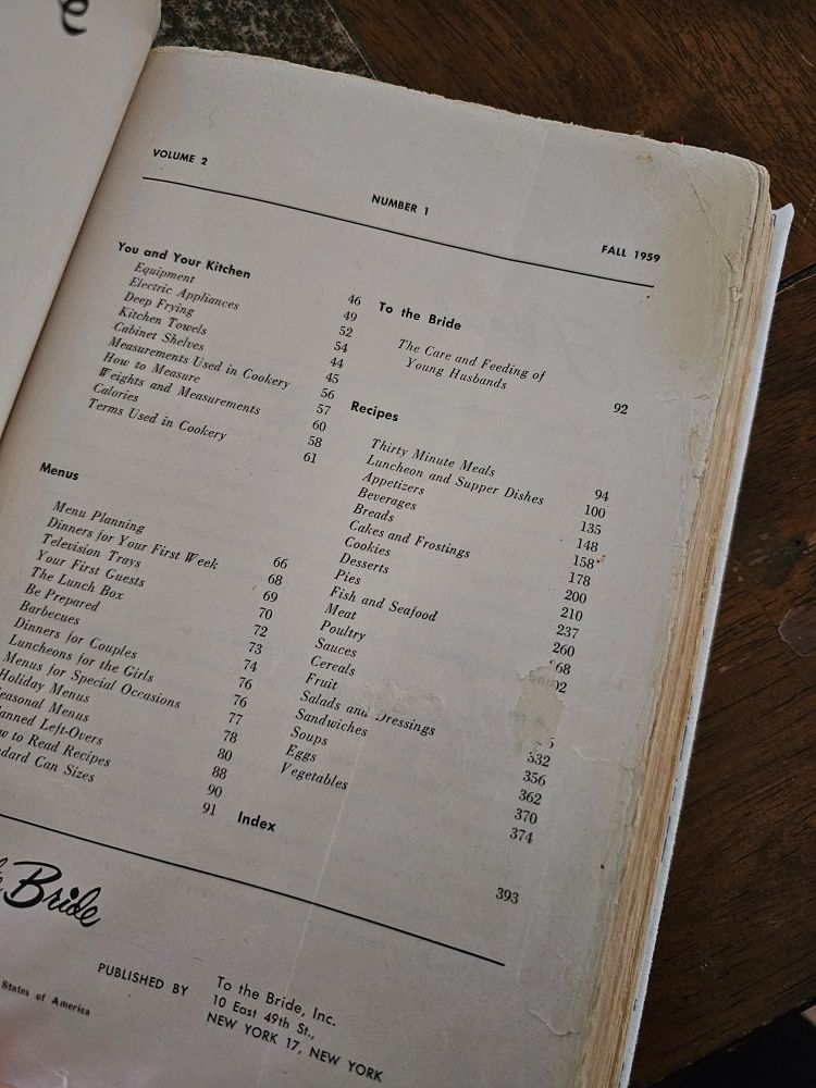 A page of the table of contents for the cookbook, showing a publication date of "Fall 1959" at the top of the page.