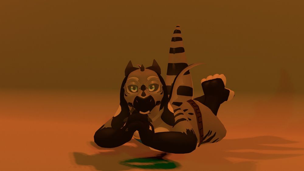 A kobold with gray and light gray scales with black accents lies on their belly. Their feet are kicked up in the air, hands steepled as they regard the viewer.