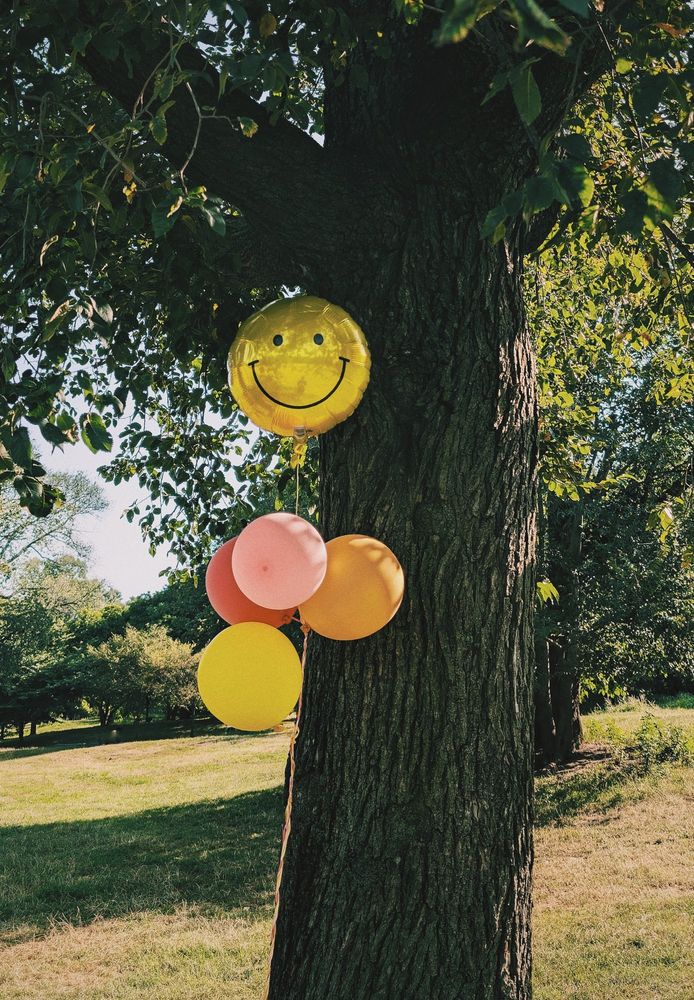 colorful balloons floating next to a tree in the park, with a smiley face balloon at the top