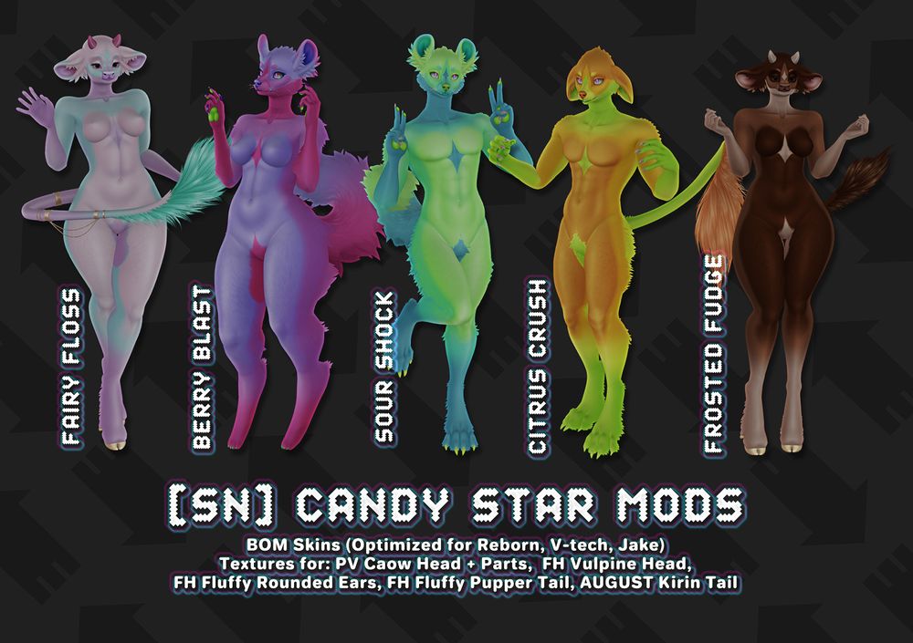 Colorways preview for [sn] candy star mods - bakes on mesh skins for Pretty V. Caow & FH Vulpine
