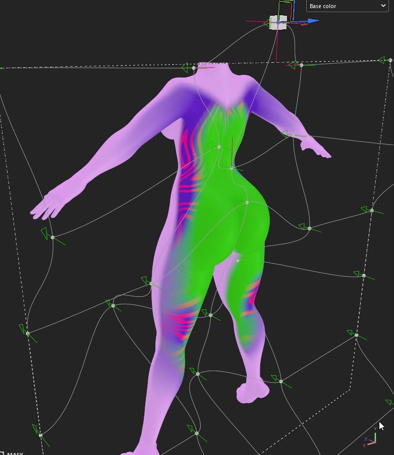 screenshots of substance painter interface, showing warp projection handles stretched out to hell until it makes something neat I guess