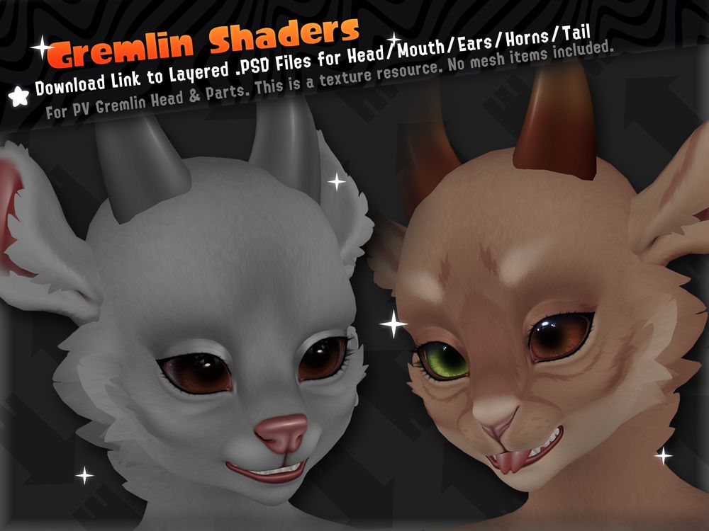 Second life advert image for SugarNova Gremlin shading .psd kit for Pretty Vile's Gremlin head and select parts.