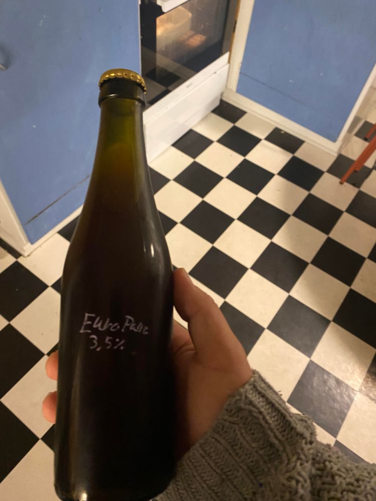 Ugens øl - Euro Palle, som lytteren Mikkel har hjemmebrygget - holdes op foran et ternet gulv med en tændt ovn med kylling under tilberedning i