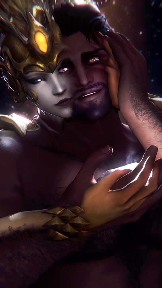 A screenshot of Ultima and my oc, Krieg. Krieg is a brown, dark haired Highlander Hyur with amber eyes and an Archon mark on both sides of his neck. Ultima is an otherworldly entity and currently in the form that appears as a pale feminine figure who's skin gradually shifts to an orange hue at her arms and hands. Golden spikes adorn her wrists and she is wearing a golden helm.

Ultima is standing behind Krieg, slightly looming over him to hold him in an embrace. However, it's embrace is shifting as Ultima's face slowly presses against the side of Krieg's face, their skin merging into one another, pulling at Krieg's flesh. Flesh continues to merge along the points of contact - neck, shoulders, arms - Ultima has little need to move around Krieg's body, comfortable in making his body their own.

Ultima's gaze and expression directed at Krieg comes off almost affectionate, as it's left eye merges into Krieg's own right eye, his sight becoming overwhelmed with glimpses of her visions. His left eye is glowing slightly at her influence, highlighting the tears that are ready to begin spilling.

Comfort, persuasion, possession - Ultima's left hand hold's the side of Krieg's head, like a mother would their crying child. But it's fingers slip beneath his skin, pushing and pulling the flesh to fit around her. Krieg's own left hand is reaching up to place over Ultima's, but it is unclear if he means to pull her hand away, or press it closer.

Their right arms and hands are posed low in front of them, and a white auracite can be seen resting in Krieg's hand, illuminating them both. A blessed bauble he was gifted so long ago, a searing temptation always below the skin. It has always been under the surface.

Despite the pulling of flesh, the shifting and merging of bodies in a way to remind him of how quickly he can be enveloped, of his future purpose - through the tears of knowing he has to resist

a smile still crosses his face at visions unknown.