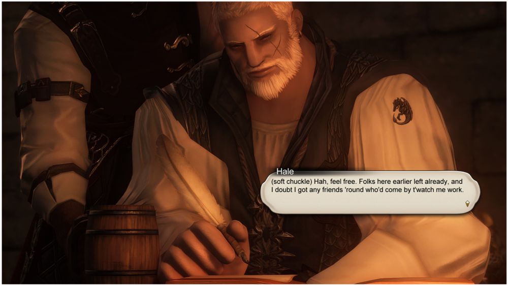 Hale chuckles and turns back to his book and paper as Krieg places one of the tankards beside him. Despite his words, he looks off with an expression that doesn't match the mirth.

Hale: Hah, feel free. Folks here earlier left already, and I doubt I got any friends 'round who'd come by t'watch me work.