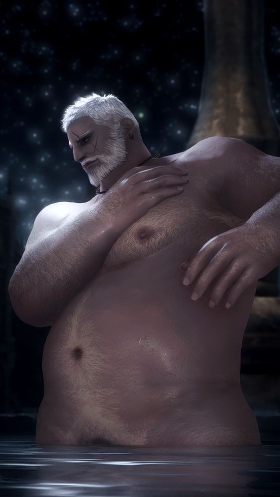 A screenshot of my oc, Hale. He is a pale, blonde/white haired Hellsguard Roegadyn with blue eyes.

He is standing in a pool of water, the surface of it just reaching the tops of his thighs, almost to his waist. It's nighttime, with a clear sky full of stars visible behind him. He appears to be posed as if he's in the middle of massaging his shoulder, looking towards the camera.