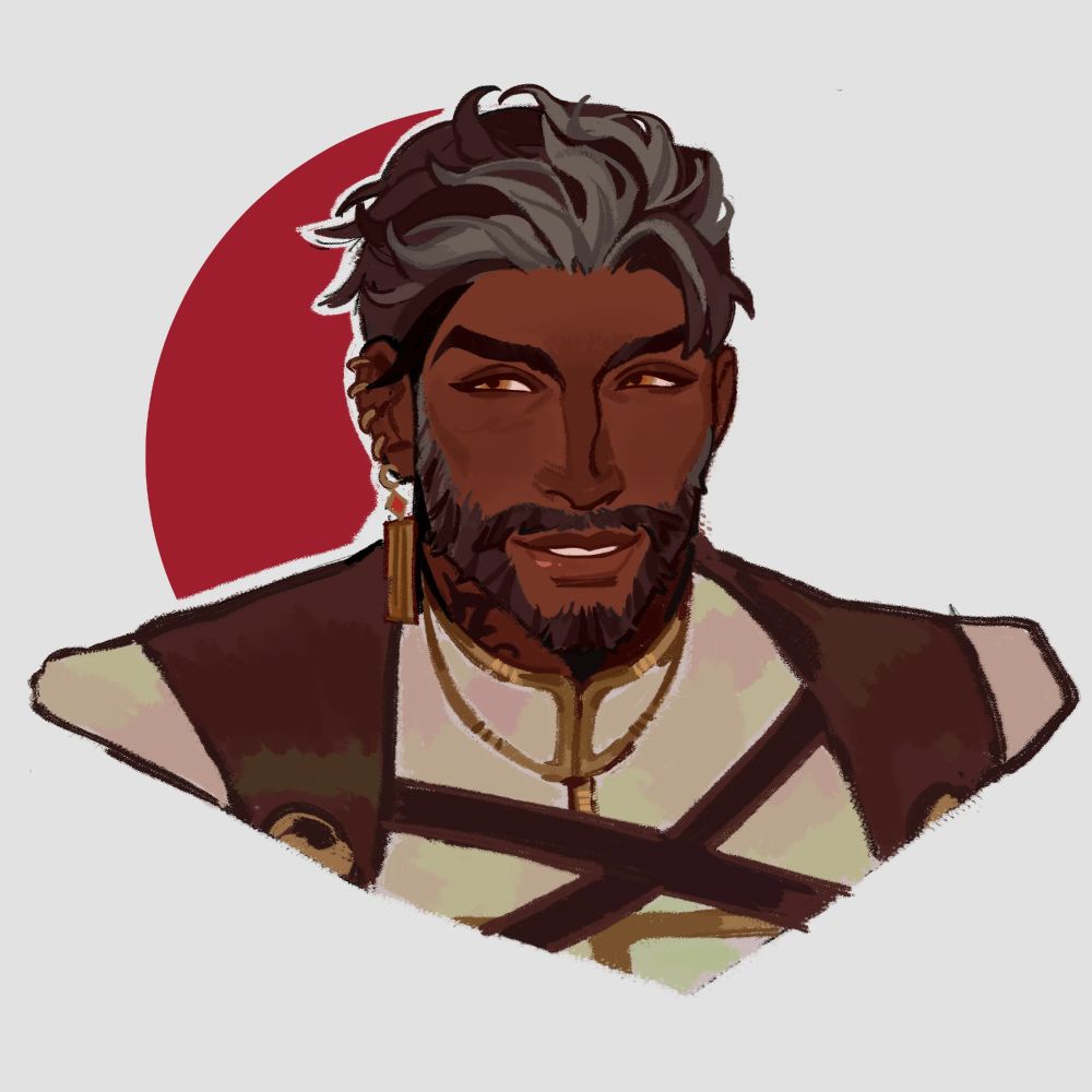 A portrait illustration of my oc, Krieg, done by @belovedcrypt!

Krieg is a brown Highlander Hyur (FFXIV equivalent of a human man) with amber eyes and brown hair with grey streaks. Grey streaks are peppered throughout his beard as well. His attire is travel gear in shades of beige and brown, with gold accents, and the Archon marks (tattoos) on his neck can be seen poking out the top of his collar. A gold dangle earring and golden hoops adorn his right ear.

He is smiling and looking off to the side slightly.