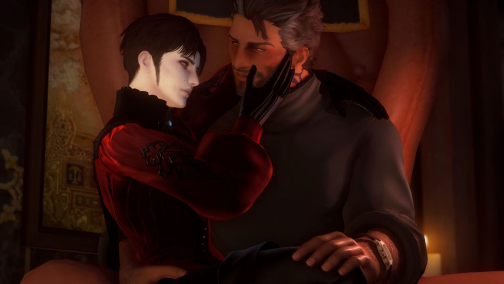 A screenshot of Woefulwillow and I's ocs, Morgan and Krieg. Morgan is a pale, dark haired Midlander Hyur with blue eyes. Krieg is a tan, dark haired Highlander Hyur with slightly glowing amber eyes. He is dressed in a dark turtleneck while Morgan is dressed in an elegant, dark velvet red shirt. Along with dark pants and high boots that are visible.

They're in Krieg's study - Krieg is sitting in a large chair while Morgan sits on his lap. His left arm is wrapped around the back of Krieg's shoulder, resting gently there, while his right hand reaches up to hold the side of the larger man's face. Morgan has a slight smile, along with a hint of furrowed brows - an unknown mix of appreciation and observation for the man in front of him.

Krieg has his right arm wrapped around Morgan's waist to support him where he sits, while the other hand rests gently on Morgan's knee. A gentle expression on his face as he looks at Morgan, a deep blush accompanying it.