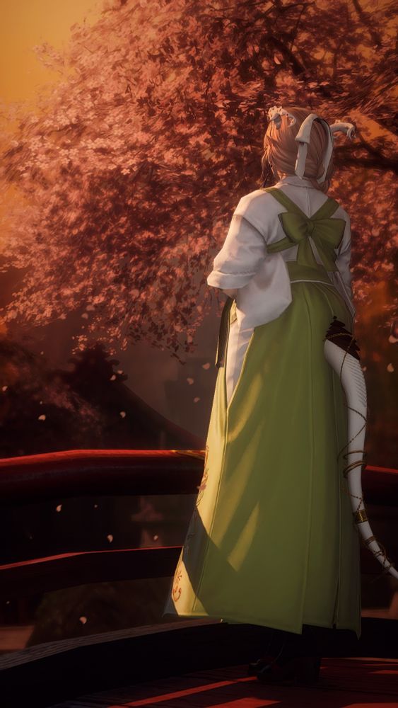 A screenshot of ludwigsrifle's oc, Sumire (she/they)

She is standing upon a red bridge in Doma during sunset. Cherry blossoms from a nearby tree gently fall across the screen