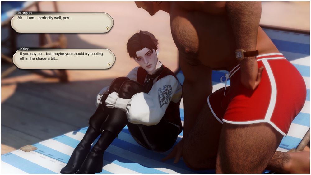 The angle changes again to zoom out slightly, showing the side of Krieg and Morgan entirely. Krieg has one knee resting on the lounge chair as he speaks to Morgan, not noticing, or perhaps ignoring, the way Morgan's eyes glance back down at him.

Morgan's face is still sporting a blush across it, "Ah... I am... perfectly well, yes..."

Krieg responds, "If you say so... but maybe you should try cooling off in the shade a bit..."
